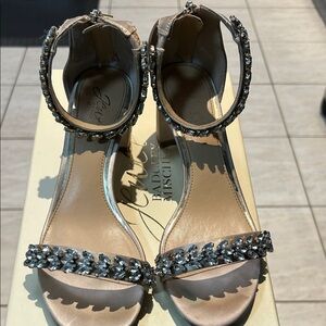 Badgley Mischka Champagne Jeweled Ankle Strap Block Heels